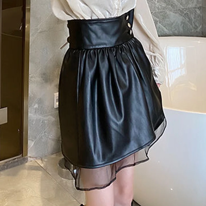 Korean pu leather high waist slim a-line skirt for women in autumn and winter 2022 new winter with sweater short skirt