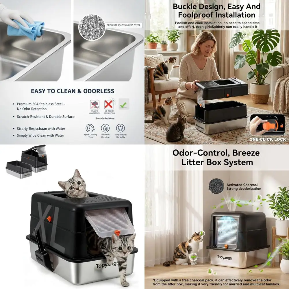 

Очень большой закрытый металлический лоток для кошек с крышкой, контроль запаха, высокие бортики для крупных кошек и домов с несколькими кошками, черный