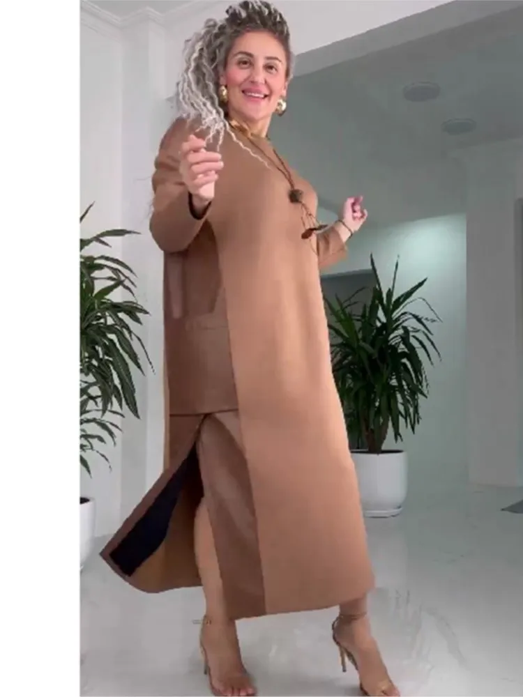 

New Autumn And Winter Women's Contrasting Leather Splicing Dress Fashionable Casual Loose Long Sleeve Upper Body Long Dress