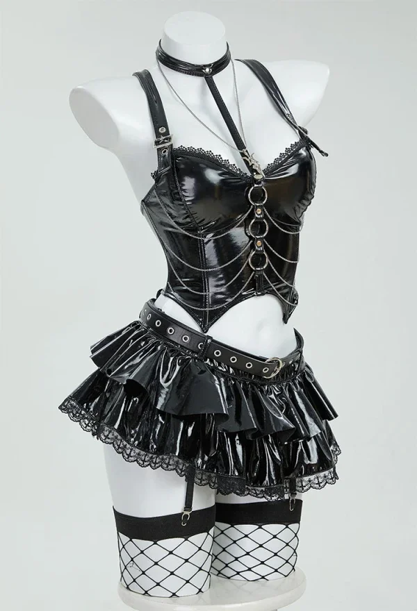 MEOWCOS Misa Gothic Black Lingerie Set Cami Top and Mini Skirt with Sleeves and Necklace Cosplay Costume for Halloween