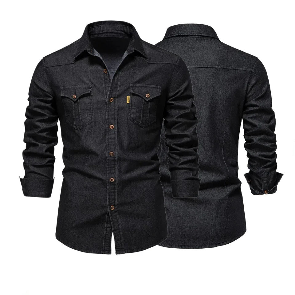 

Autumn Winter New Men's Denim Shirts Black Casual Button Down Long Sleeve Western Work Dress Shirts for Men