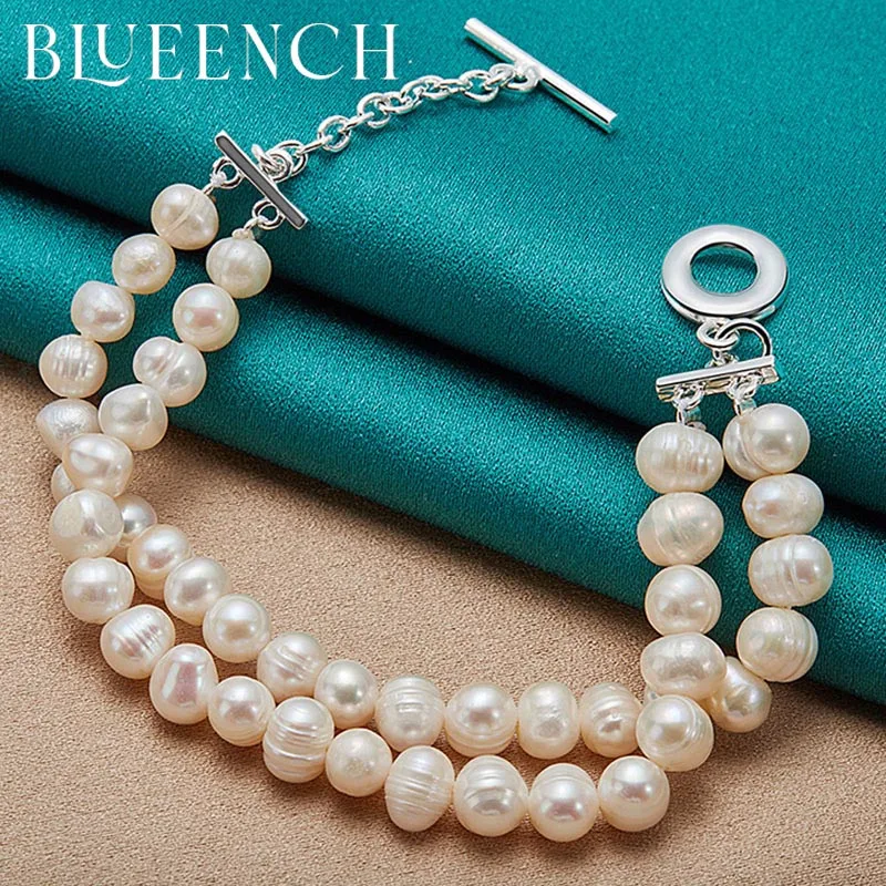 

Blueench 925 Sterling Silver Double Pearl OT Chain Bracelet for Women Wedding Wedding Fashion Glamour Jewelry