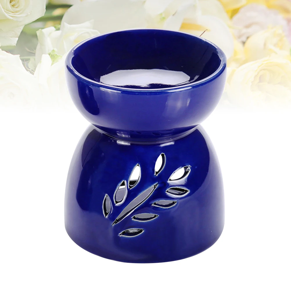 

Hollow Leaf Ceramic Tea Light Holder Blue Aromatherapy Essential Oil Burner for Fragrance and Ambient Lighting in Home Office