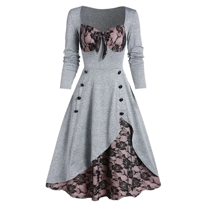 

Autumn 2023 New Women's Fashion Palace Retro Lace Stitching Buttons Long Sleeve Ladies Dress Temperament Elegant Display Dress