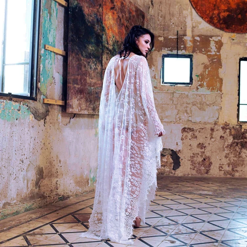 White Lace Sheer Kaftan For Women Elegant Feminine Caftan Fairy Maxi Dress Soft Translucent Swimsuit Cover-Up Seaside Robe Boho