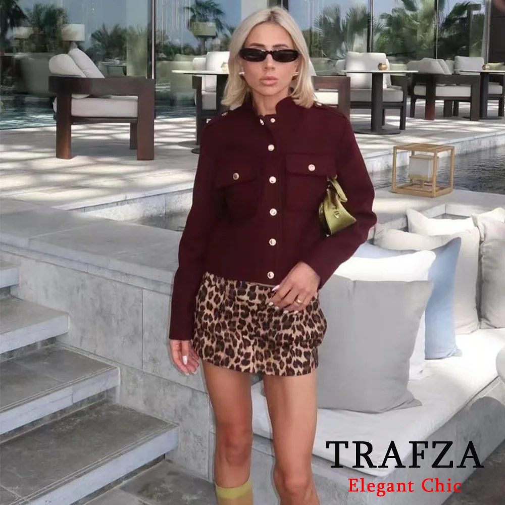 TRAFZA Women Vintage Soft Tweed Jacket Gold Color Button Half Collar Jacket New 2024 Autumn Fall Fashion Deep Burgundy Jacket