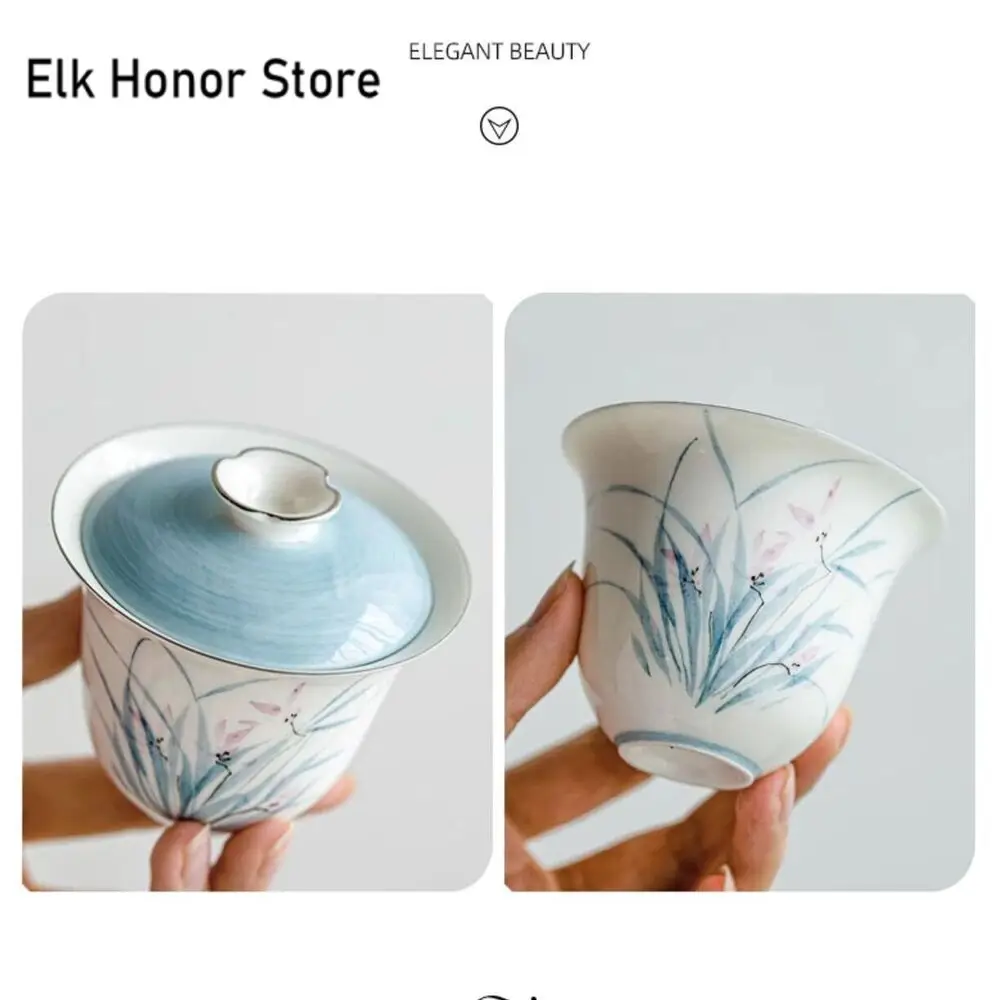 125ml Pure Hand-painted Orchid Art Ceramic Gaiwan Antique White Gold Cup Saucer Tea Tureen Tea Making Cover Bowl Tableware Craft