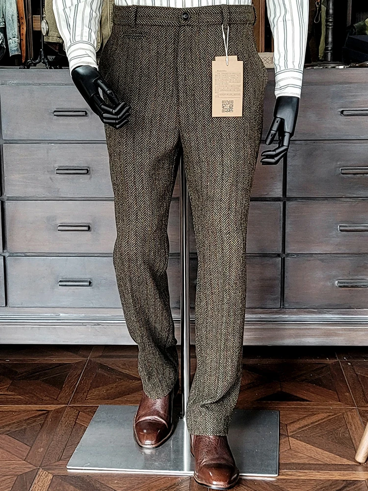 Amekaji Style Retro Tweed Business Gentleman Suit Pants Men Straight Pants American Good Quality Pants