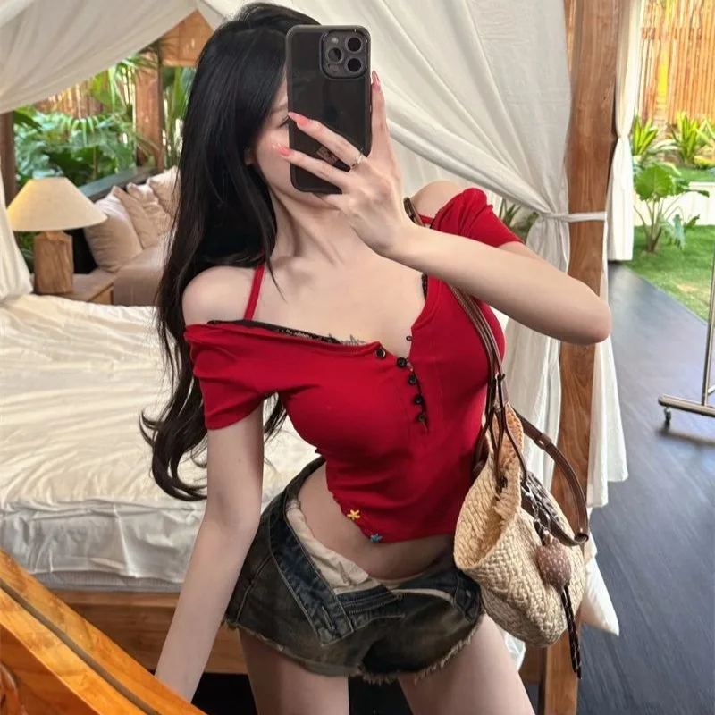 T-shirts Women Sweet New Summer Bow Holiday Fashion Hotsweet Beachwear Casual Slim Crops Design Club Girls Y2k All-match Tees