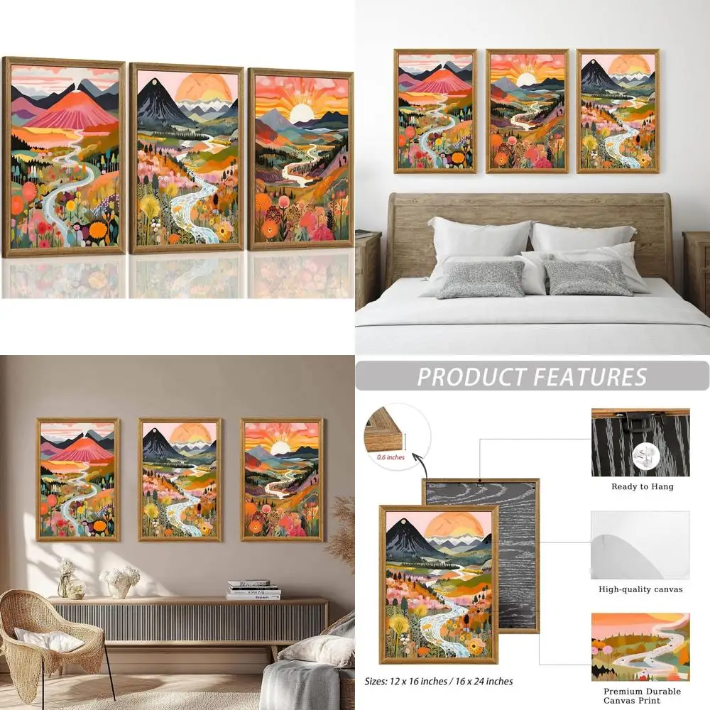 Modern Abstract Boho Wall Art - Framed Wildflower Landscape Set for Home & Of...