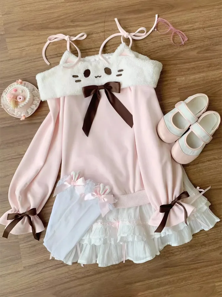 

Женский мягкий милый розовый кот с вышитым принтом и открытыми плечами, свитшот с длинными рукавами, осень-зима, милый модный теплый свитер, топы, новинка