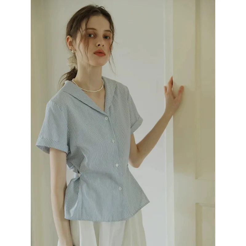 

French work clothing navy collar blue stripes short sleeve shirt women 2026 summer preppy style age reduction slimming looktops