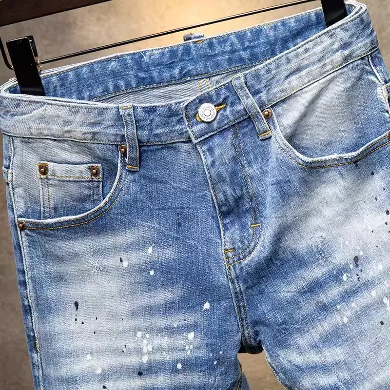 Street Fashion Men Jeans Retro Light Blue Stretch Skinny Fit Ripped Jeans Men Painted Designer Hip Hop Vintage Denim Pants