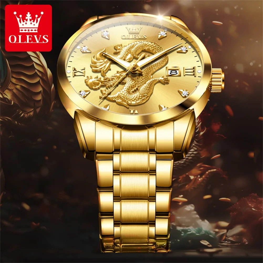 OLEVS 3619 Men Watch Luxury Golden Dragon Watch Stainless Steel Calendar Diamond Brand Men's Quartz Watch Fashion Original Watch