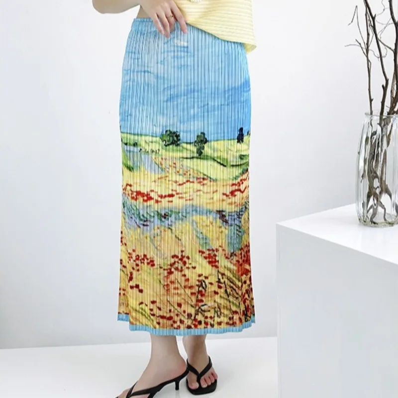 

Плиссированная юбка Miyake 2026: Новая летняя модная модель с принтом, на эластичной талии, для женщин, простая повседневная одежда для пляжа, отпуска и путешествий