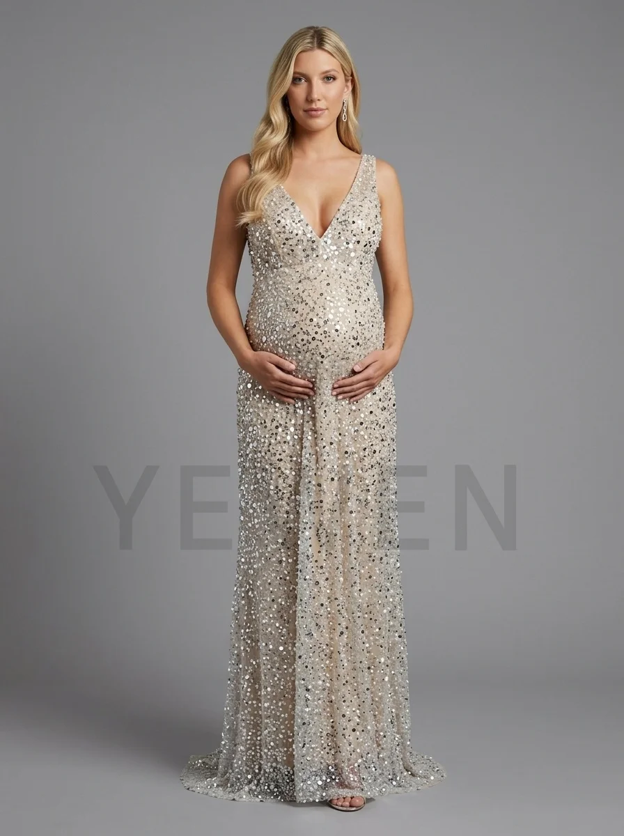 Gold Sequin Maternity Gown Elegant Deep V Neck Mermaid Sparkly Pregnancy Photoshoot Baby Shower YD261012