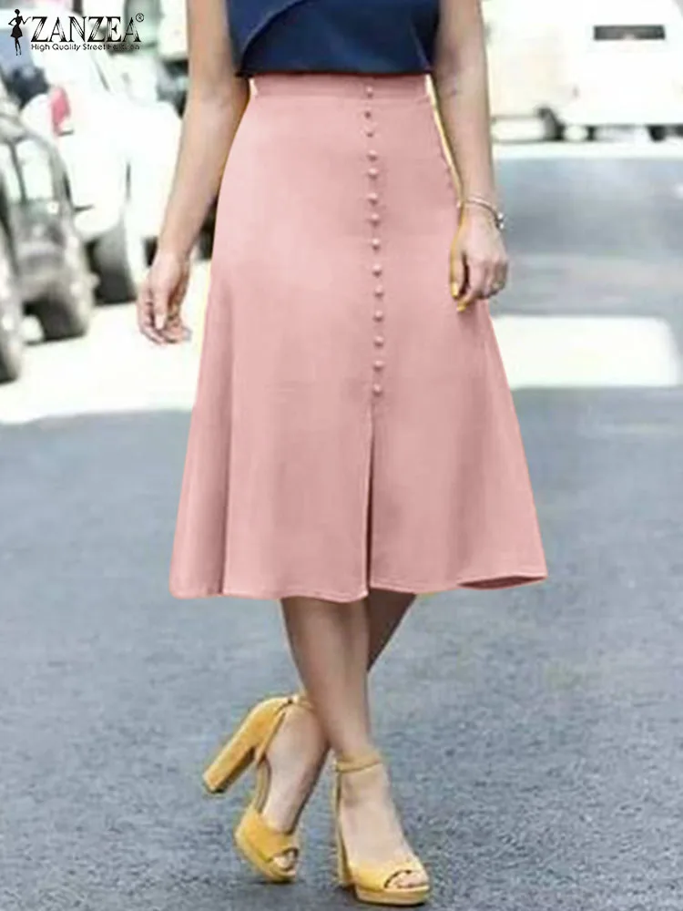 

ZANZEA Elegant Solid Color Midi Skirts 2024 Summer Slit Hem Women Fashion A-line Faldas Mujer High Waist Holiday Party Skirt