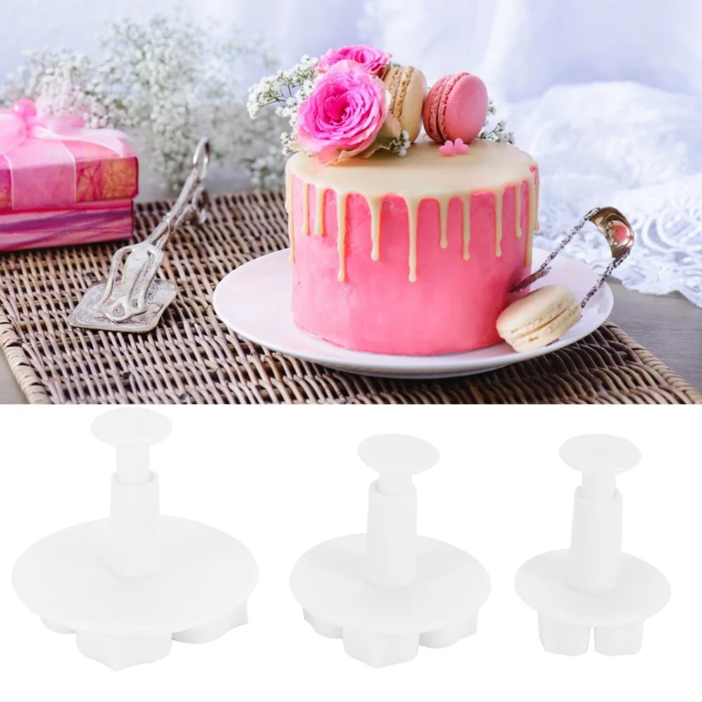 3PCS Food Grade PP Fondant Flower Cutter Easy Clean Spring-Loaded Cake Plunger Cutters Flower Design Sugar Cookie Mold