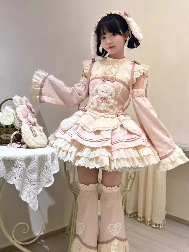 NONSAR Sweet Spring Rabbit Lolita Flying Sleeve Princess Dress Women Pink Kawaii Bow Ruffles Waisted Mini Doll Dress with Apron