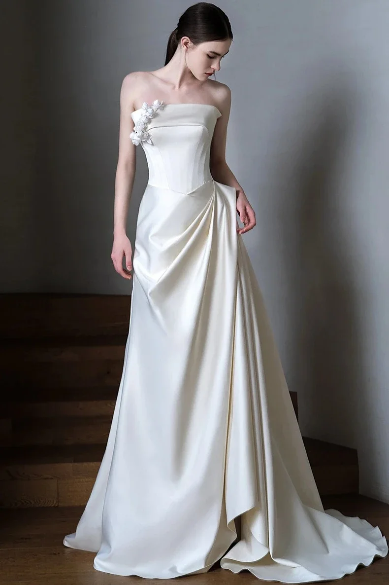 Ivory Satin Wedding Dress Boned Corset Bodice 3D Floral Applique Draped Skirt Mermaid Bridal Vestidos De Novia Customized