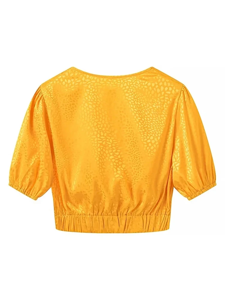 Womens Elegant Leopard Print Summer Yellow V-Neck Short Blouse Girls Fashion Cross Knotted Puff Sleeve Elastic Pink Tops