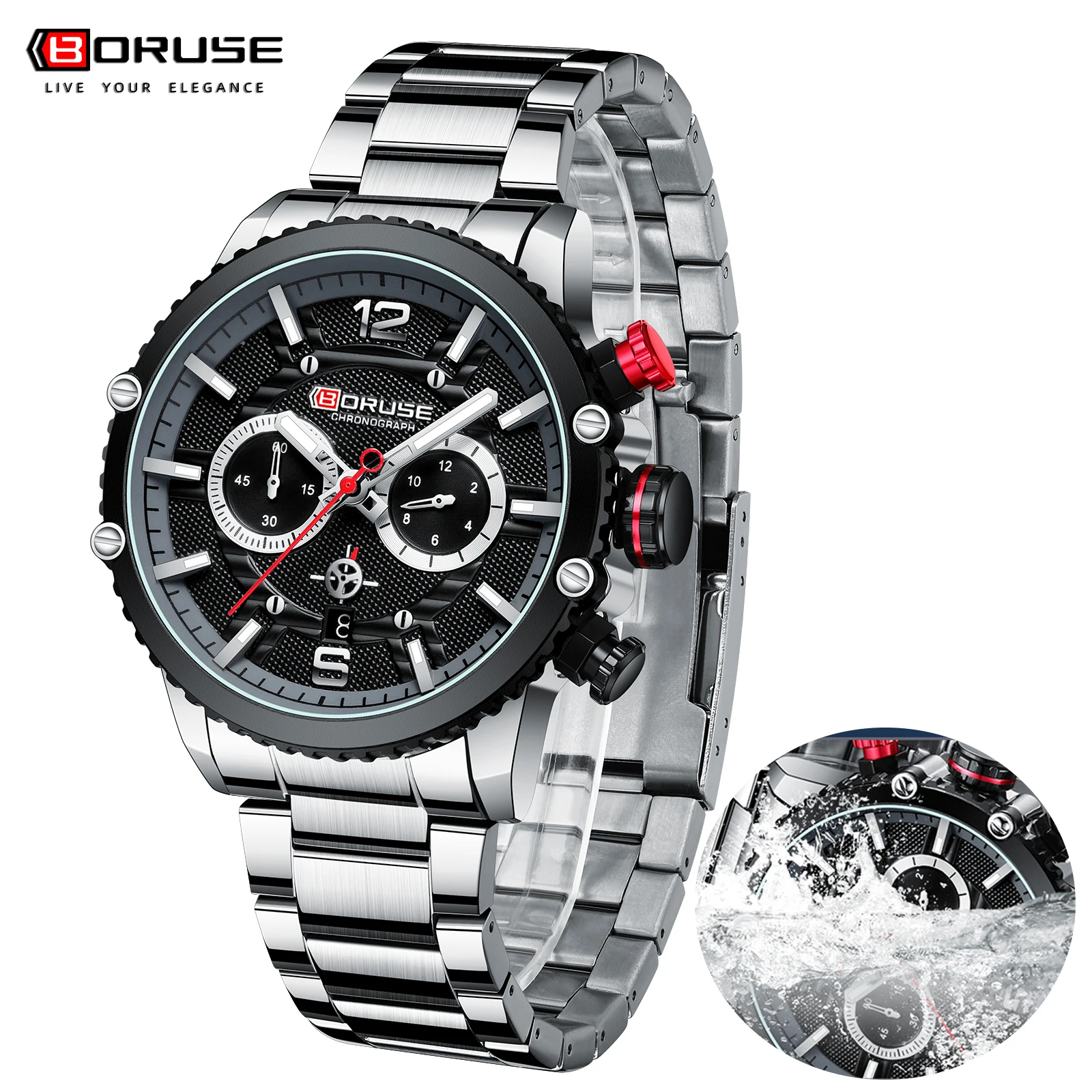 BORUSE Brand Luxury Business Men Military Watches Stainless Steel Business Waterproof Luminous Multi Function Quartz Watch