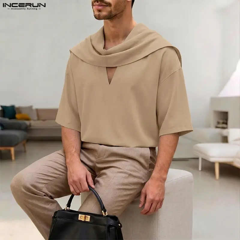 INCERUN Men T Shirt Solid Color Short Sleeve Hollow Out Male Tee Tops Loose Summer Streetwear 2026 Casual Men Clothes Camisetas