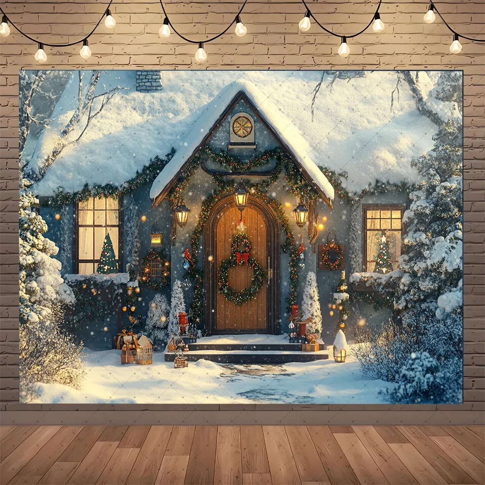 

Winter Christmas Doorway Wreaths Photography Background Snow Scenes XMAS Trees Gifts for Children Party Portraits Photo Backdrop