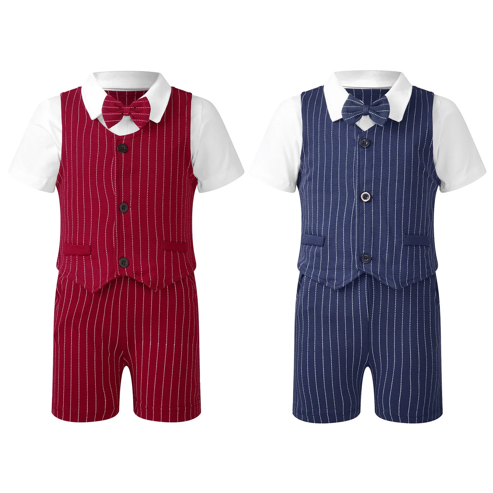 

Toddler Boys Gentlemen Suit Turn-Down Collar Short Sleeve Shirt+Bow Stripe Vest Blazer+Shorts Outfit for Birthday Wedding Party