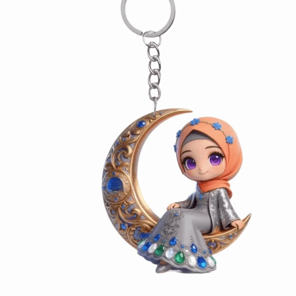 2D Flat Crescent Moon Acrylic Keychain Beautiful Girls Figure Trendy Cartoon Figure Keychain Hijab Design Lightweight