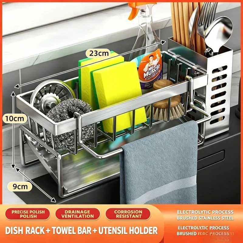 Multifunctional Stainless Steel Sink Drain Storage Rack, Kitchen Organizer for Sponge, Cleanser, Rag, Cleaning Tools