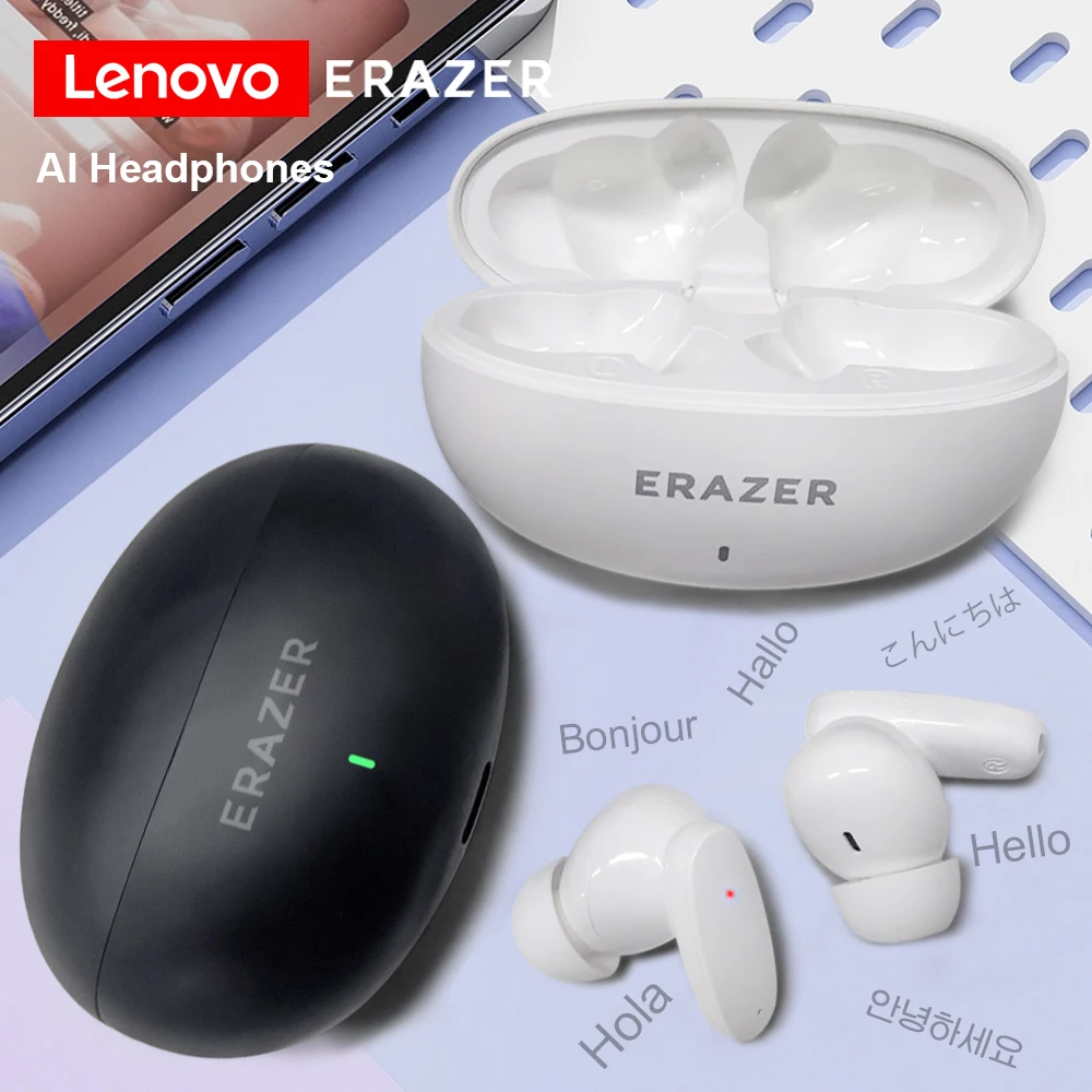 سماعات أذن لينوفو ERAZER AI مترجم بلوتوث V5.3 سماعات رياضية لاسلكية سماعات TWS مع ميكروفون مدمج عالي الدقة