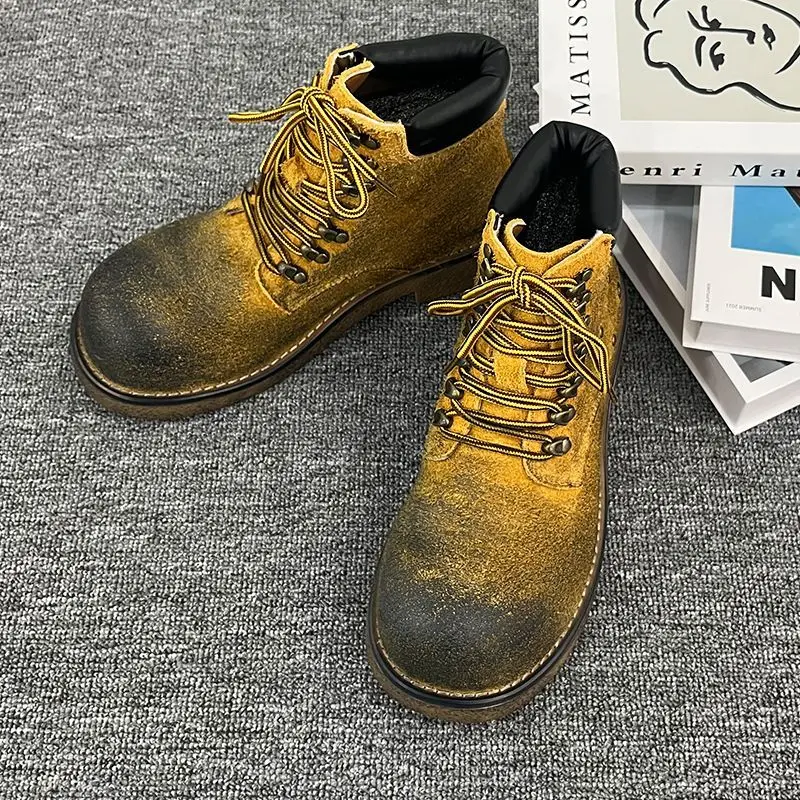 

British Style Boots Thick Bottom Sheepskin Casual Outdoor Men's Boots Yellow Booties round Toe Low Heel Couples Shoes