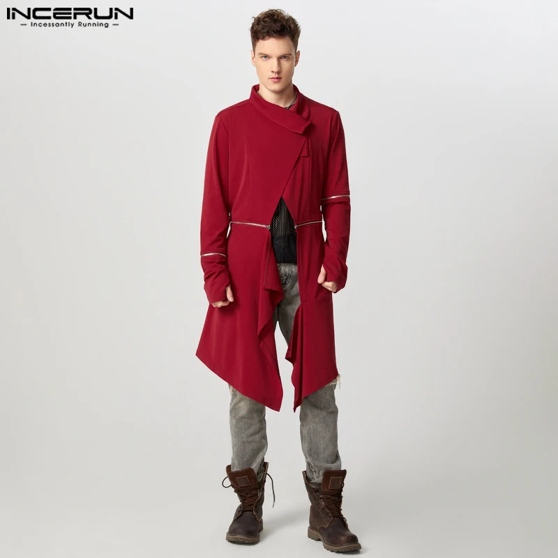 INCERUN Men Long Sleeve Sweatshirts 2025 Solid Color Casual Long Hoodies Handsome Leisure Deconstructive Design Knitted Pullover