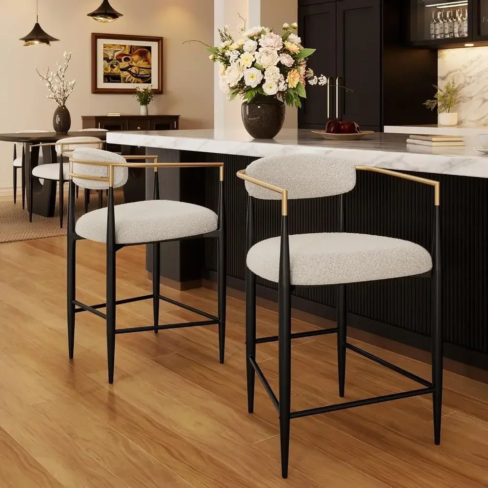 Set of 2 Upholstered Bar Stools with Gold Arms and Black Legs, 26 High Chairs for Kitchen Island or Home Bar