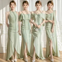 Green Satin Bridesmaid Dress Women New Off Shoulder A-line Sexy Slit Wedding Female Guests Dresses Simple Elegant Party Gown