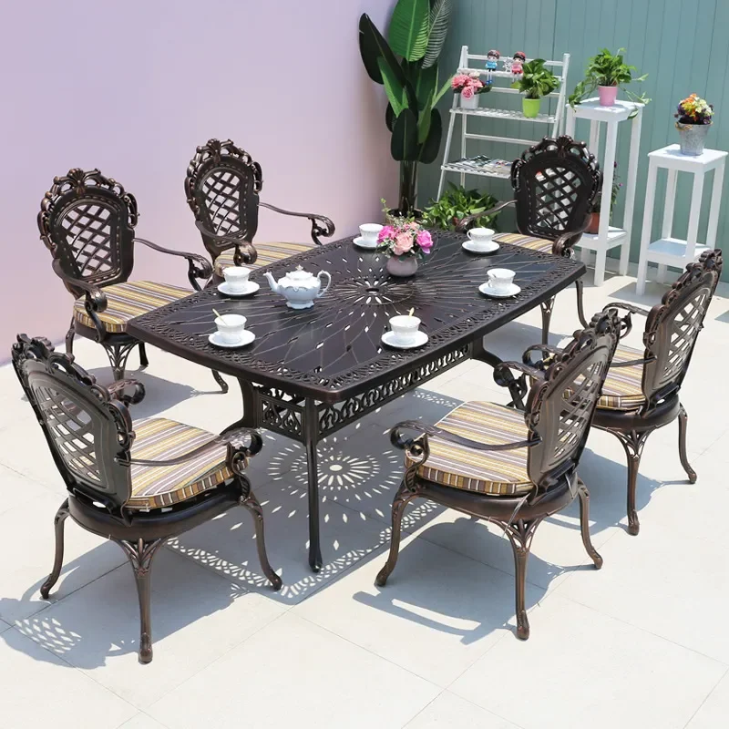 Outdoor Cast Aluminum Table and Chair Set 3 Piece Patio Furniture Anti Corrosion Rainproof BBQ Dining Set for Courtyard