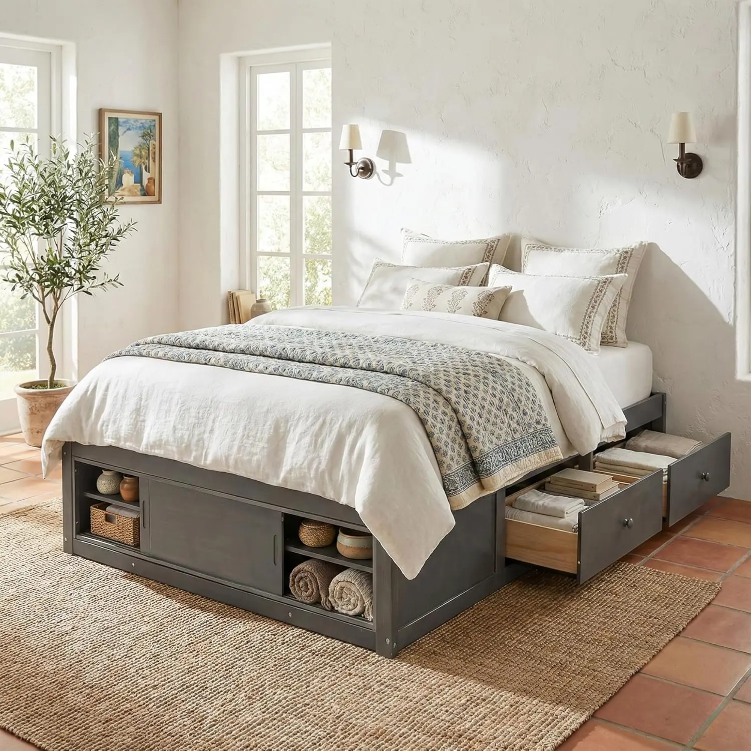 Platform Bed Frame with 4 Storage Drawers and Footboard Storage Cubby, No Headboard, Modern Space-Saving Design- Queen, Custom