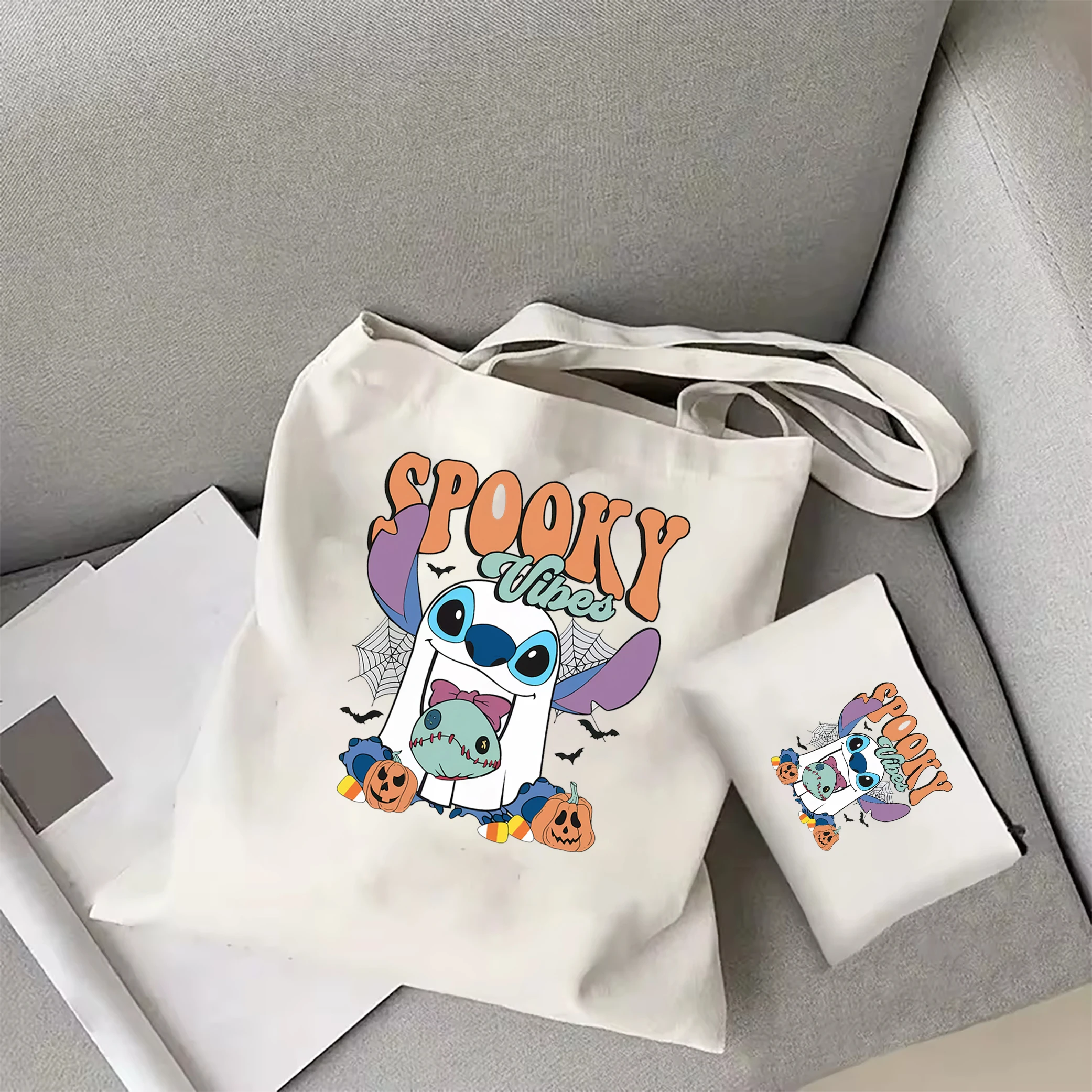 Stitch Boo Ghost with Scrump Spooky Vibes Canvas tote bag Lilo And Stitch Halloween Shoulder Bag Disney Halloween Party tote bag