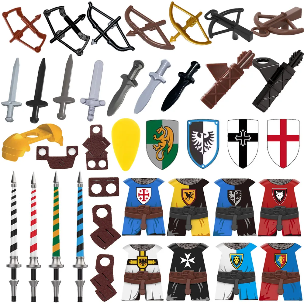 

Medieval Military Soldier Anime Figures Building Blocks Accessory Sword Bow Arrow Shield Long Spear Armor Knife Holder Toys Gift