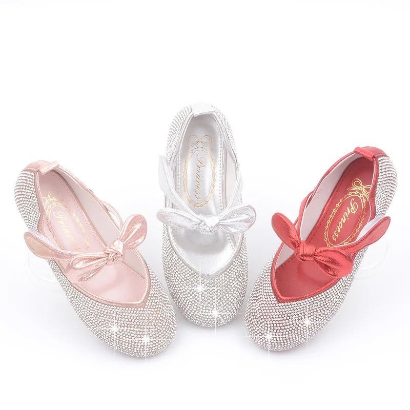 Sweet Bow Princess Glitter Leather Shoes Big Kids Little Girls Dress Party Wedding Children Shoes 2 3 4 5 6 7 8 9 10 11 12 Year