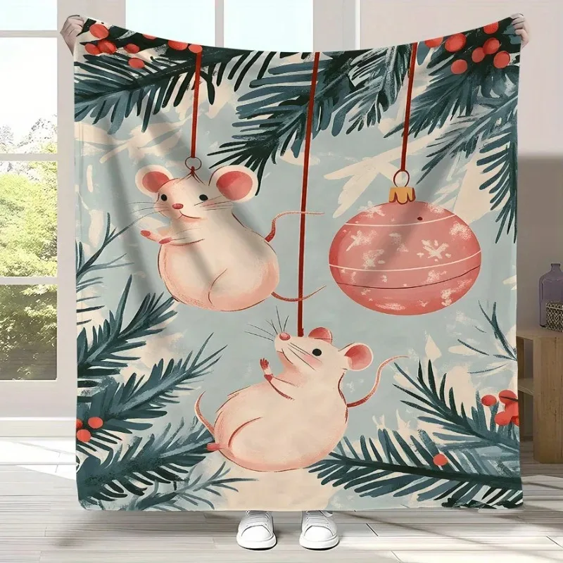 

Vintage Style Christmas Mice Flannel Blanket, Soft All-Season Throw with Digital Print, Machine Washable, Polyester 150X220CM
