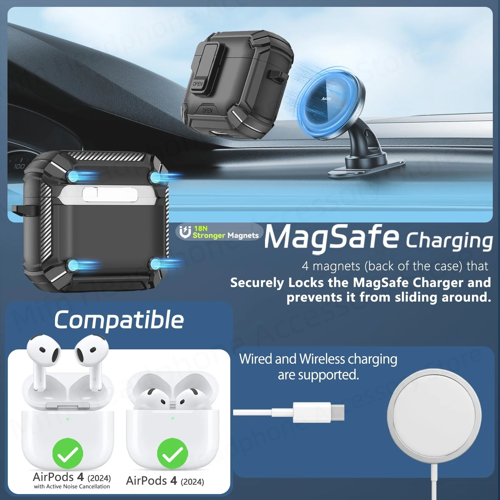 لـ 2025 AirPods Case يدعم الشحن اللاسلكي Magsafe مع مغناطيس قوي على الظهر 【حامل هاتف مدمج】لـ AirPod Pro