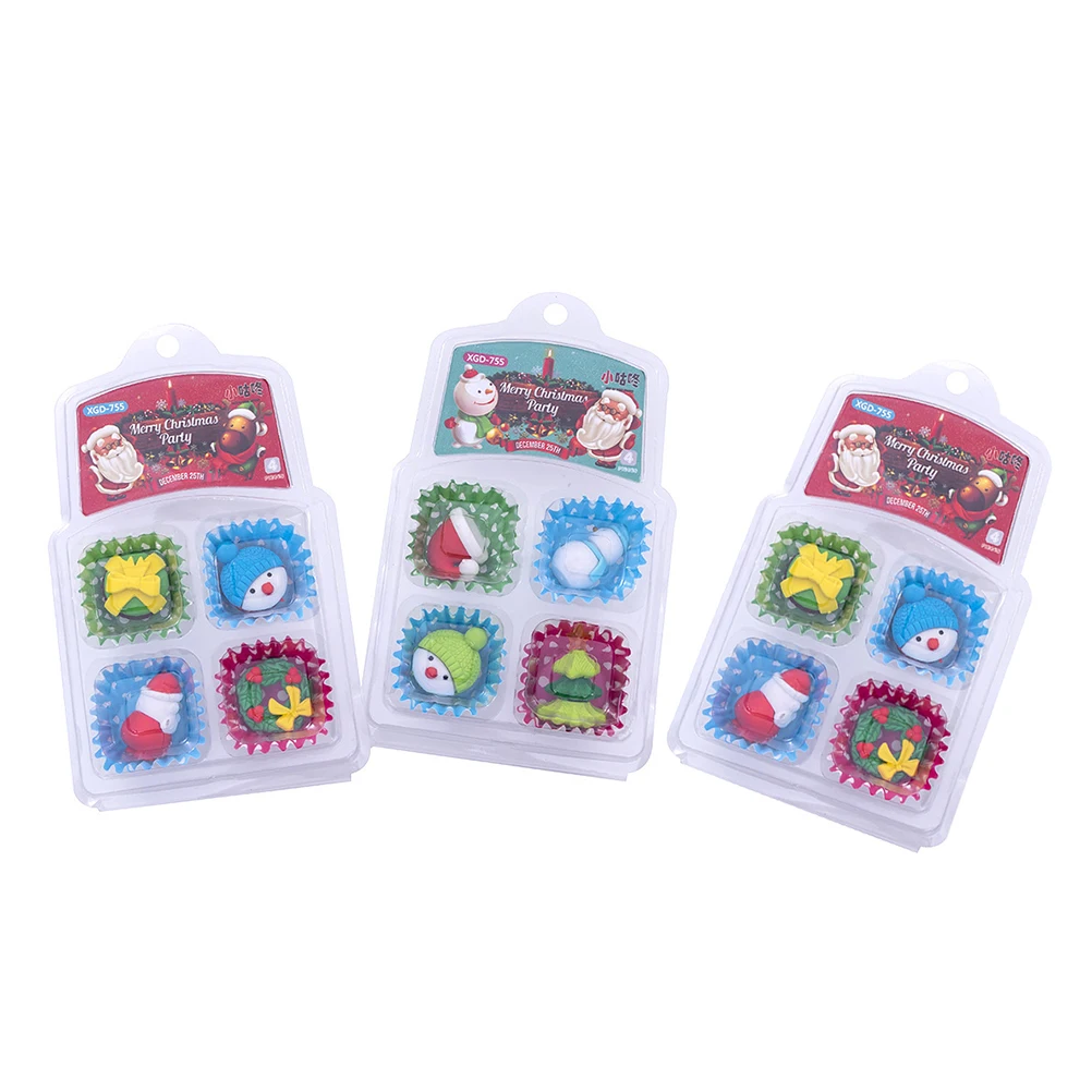 

12pcs 3 Boxes Creative Christmas Pencil Erasers Cartoon Stationery For Kids Students Novelty School Supplies Safe