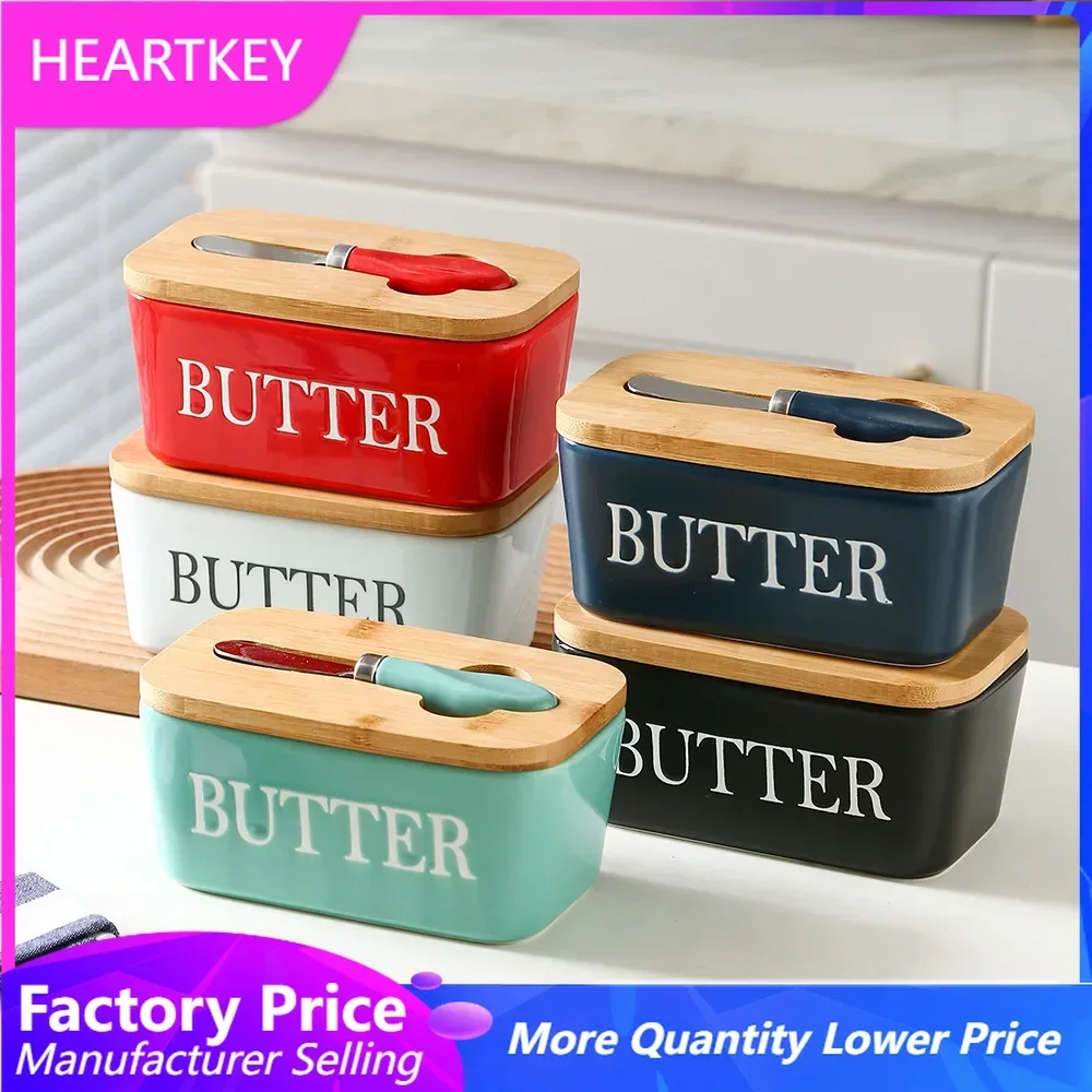 

Nordic Butter Sealing Box Ceramic Butter Plate Cheese Storage Tray Butter Dish Container Box Butter Dish with Wood Lid and Knife