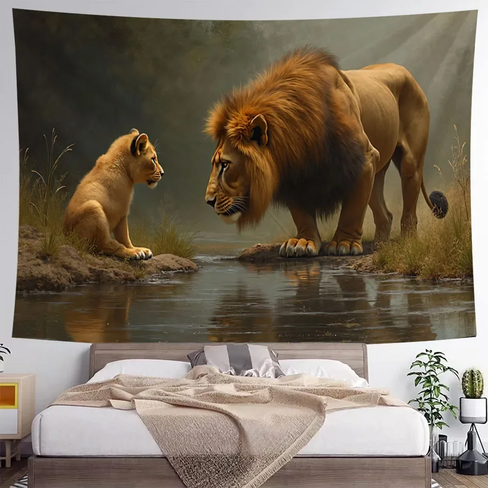 Lion Forest Grand Tapestry - Dreamy Starry Sky Animal Wall Hanging Fabric Art for Living Room Dormitory Home Decor