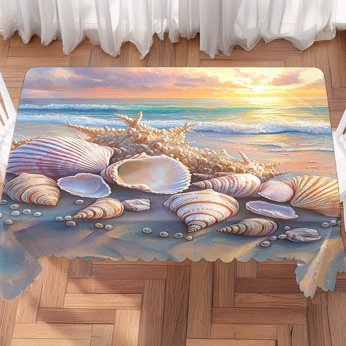 Beach Sunset Seashell Starfish Oil Painting Print Waterproof Tablecloth, Rectangular Table Cover Coastal Home Dining Party Decor