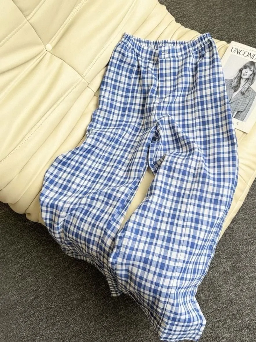 

High Waist Straight Leg Drapey Wide Leg Pants Casual Polyester Fiber Summer 2026 New Plaid Floor-Length Trousers