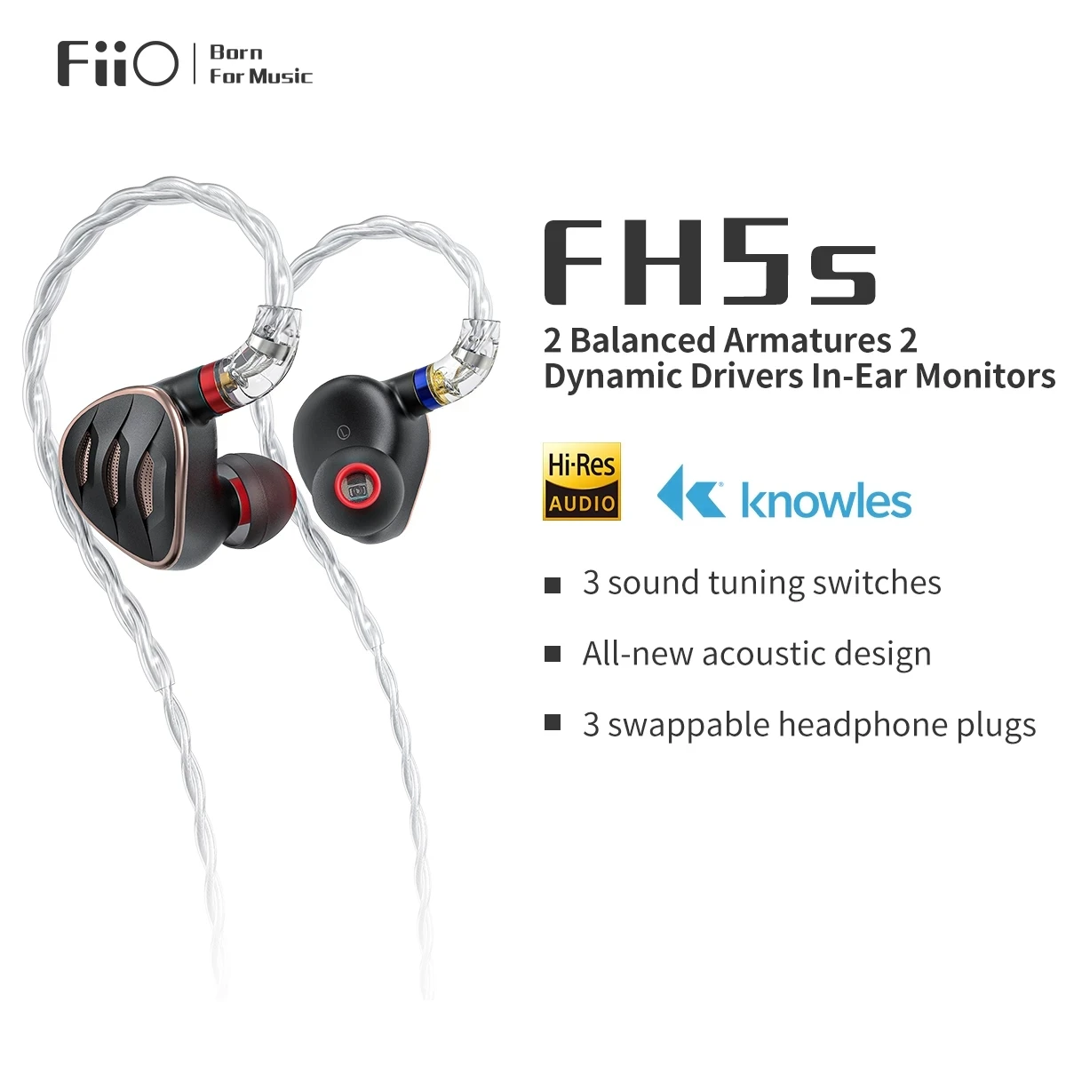 FiiO FH5S 2BA+2DD Hybrid Driver In-ear Earphone Earbud with 2.5/3.5/4.4mm Plug MMCX Detachable Cable 3 Tuning Switchs