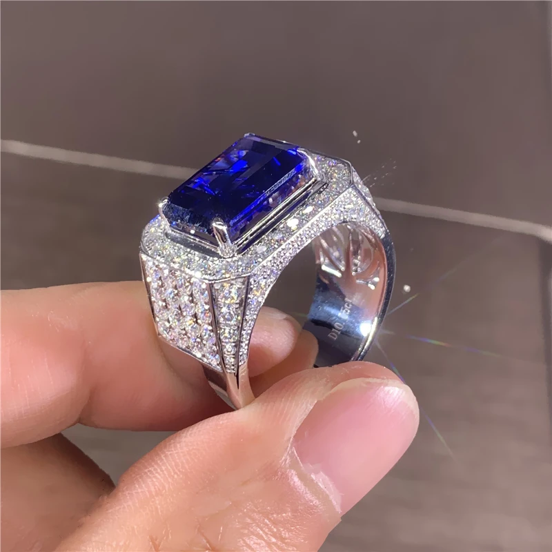 Solid 18K Au750 White Gold Man Ring 4Carat Lab Sapphire and Moissanite Diamonds Wedding Party Engagement Anniversary Ring